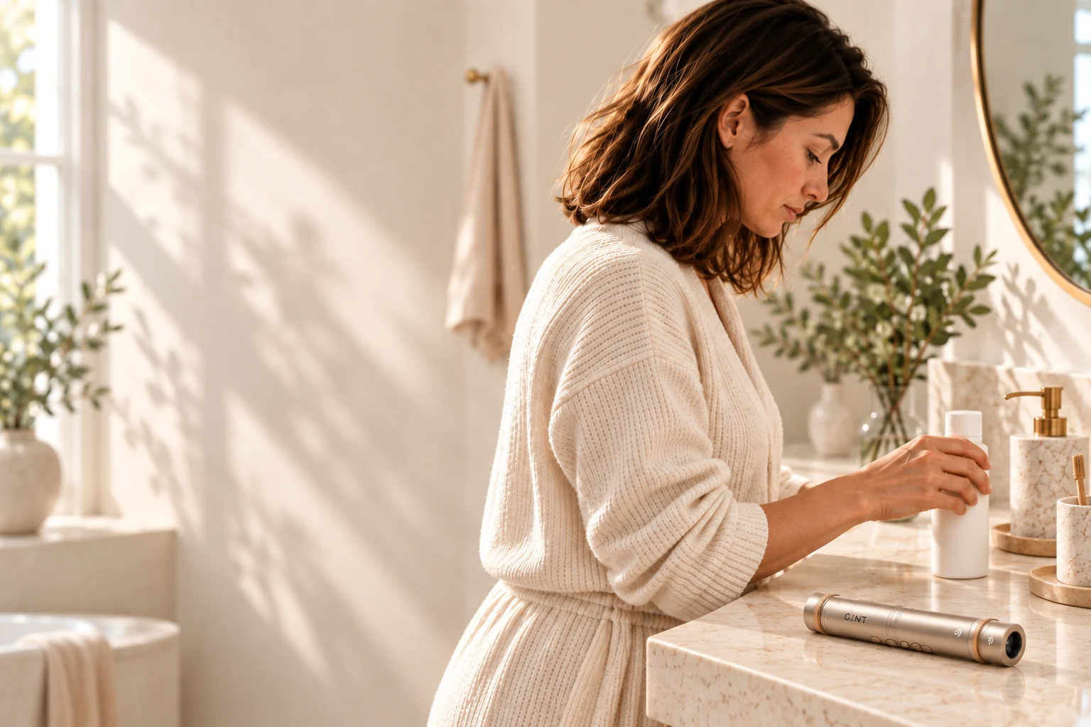 A woman at her bathroom vanity, with GLINT resting beside her everyday hair-care essentials