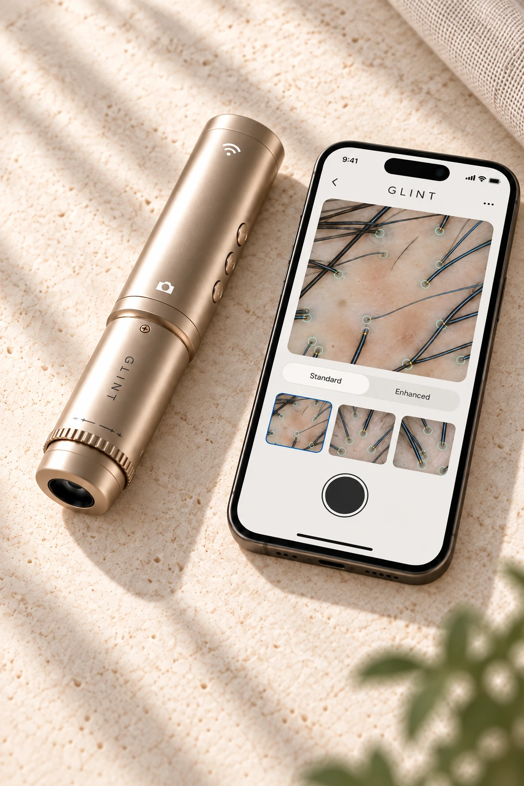 Champagne GLINT scalp camera beside an iPhone showing a realistic scalp scan with fine strand traces and root-level analysis markers